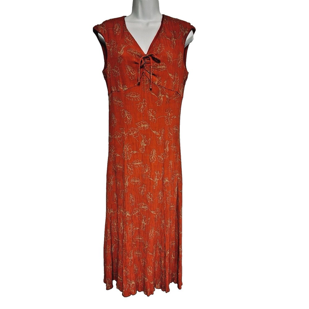 VTG TALBOTS USA Maxi Dress Size 10 Empire Waist Plisse Crimson Red Gold Floral